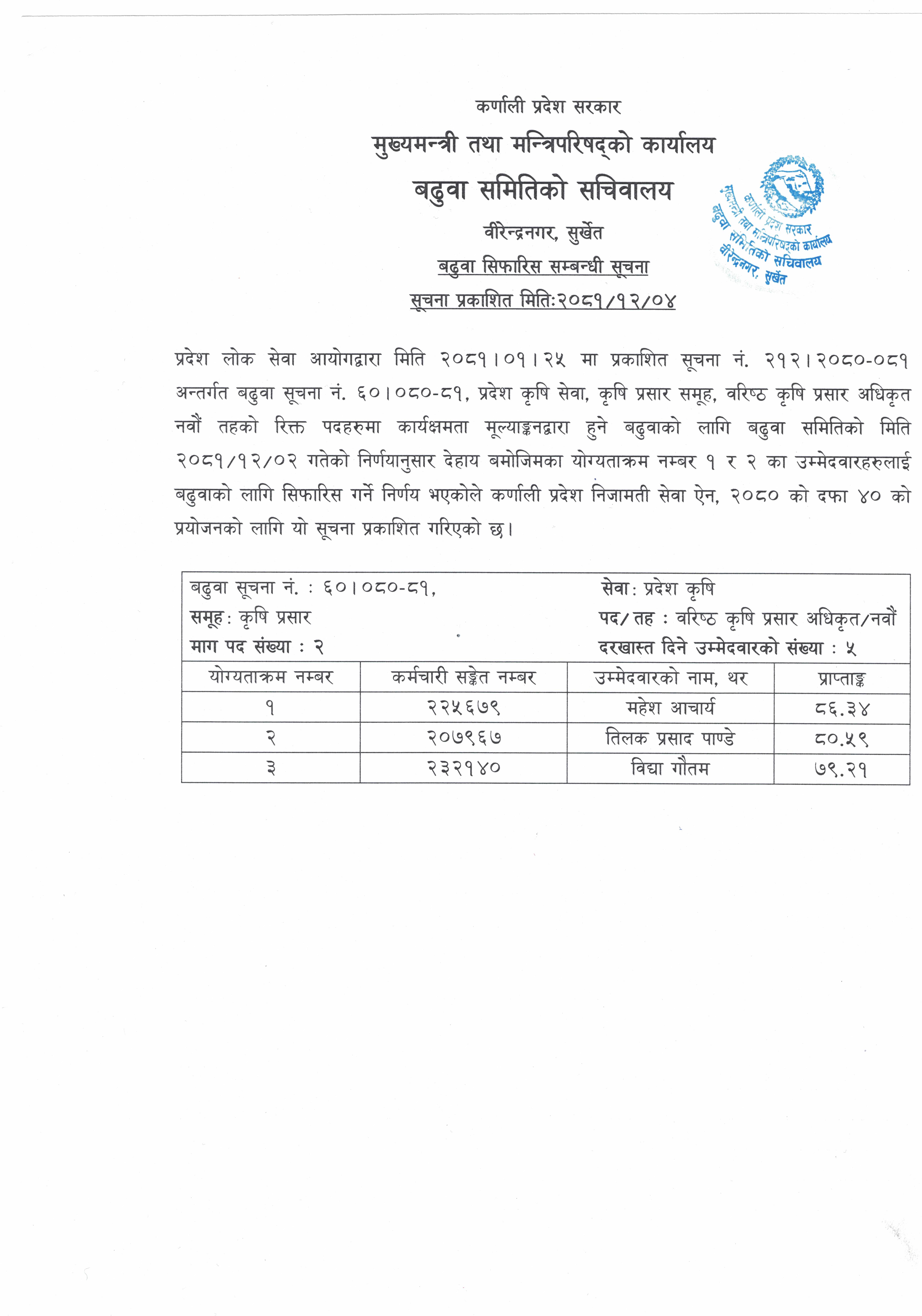कार्यक्षमता मूल्याङ्कनद्धारा हुने बढुवा सिफारिस सम्बन्धी सूचना ( प्रदेश कृषि, कृषि प्रसार नवौं तह)
