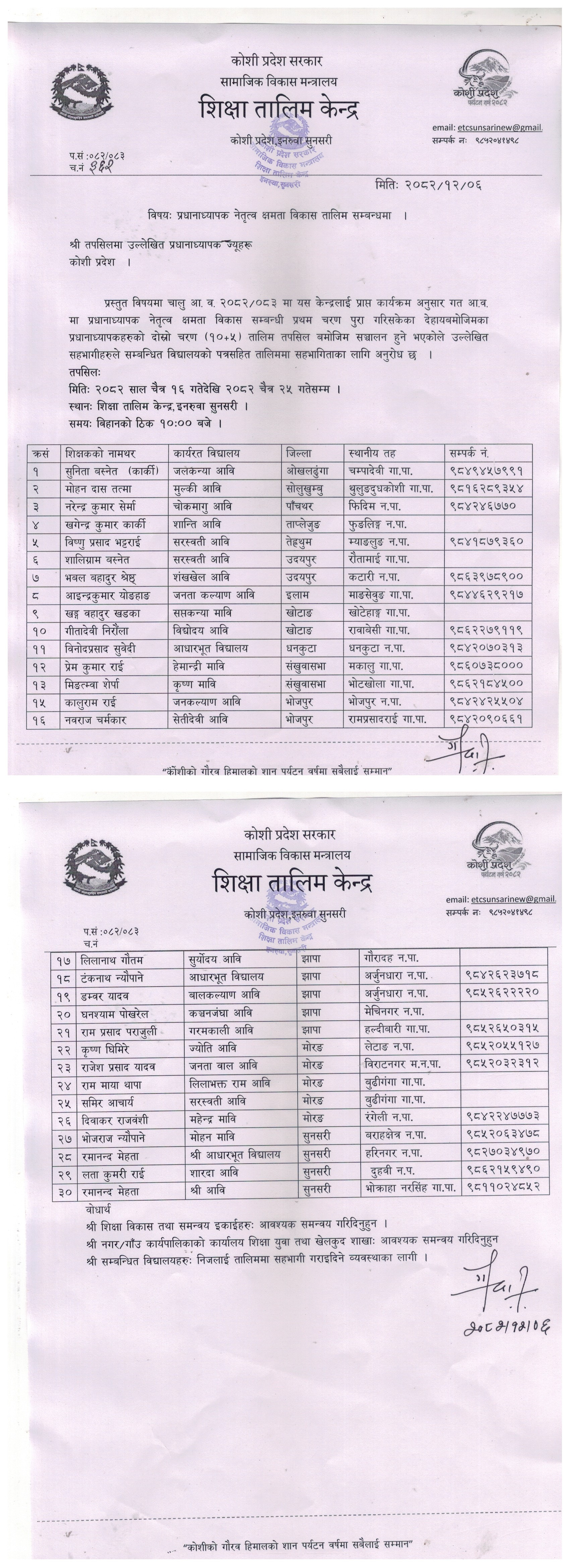 प्रअ नेतृत्व क्षमता विकास दोश्रो चरण तालिम सञ्चालन सम्वन्धी जानकारी ।