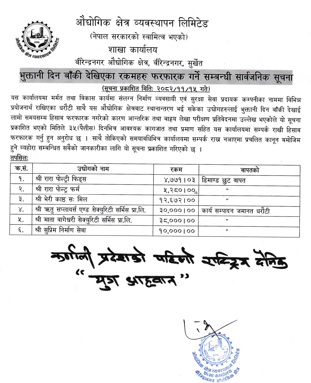 भुक्तानी दिन बाँकी देखिका रकमहरु फरफारक गर्ने सम्बन्धी सार्वजनिक सूचना प्रथम पटक प्रकाशित मिति २०८२।११।१५ गते