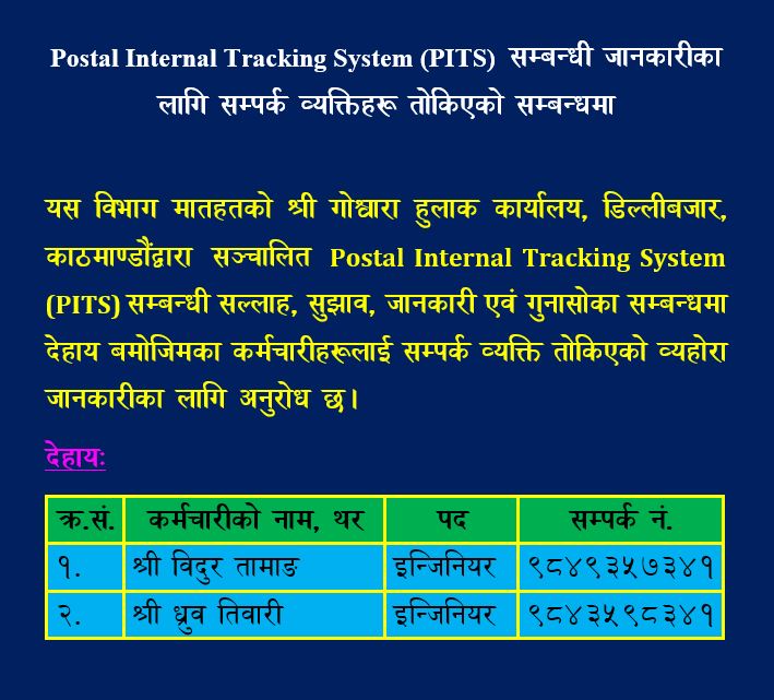 पोष्टल इन्टरनल ट्र्याकिङ सिस्टम (पिट्स) सम्बन्धी जानकारीका लागि सम्पर्क व्यक्तिहरू तोकिएको सम्बन्धमा
