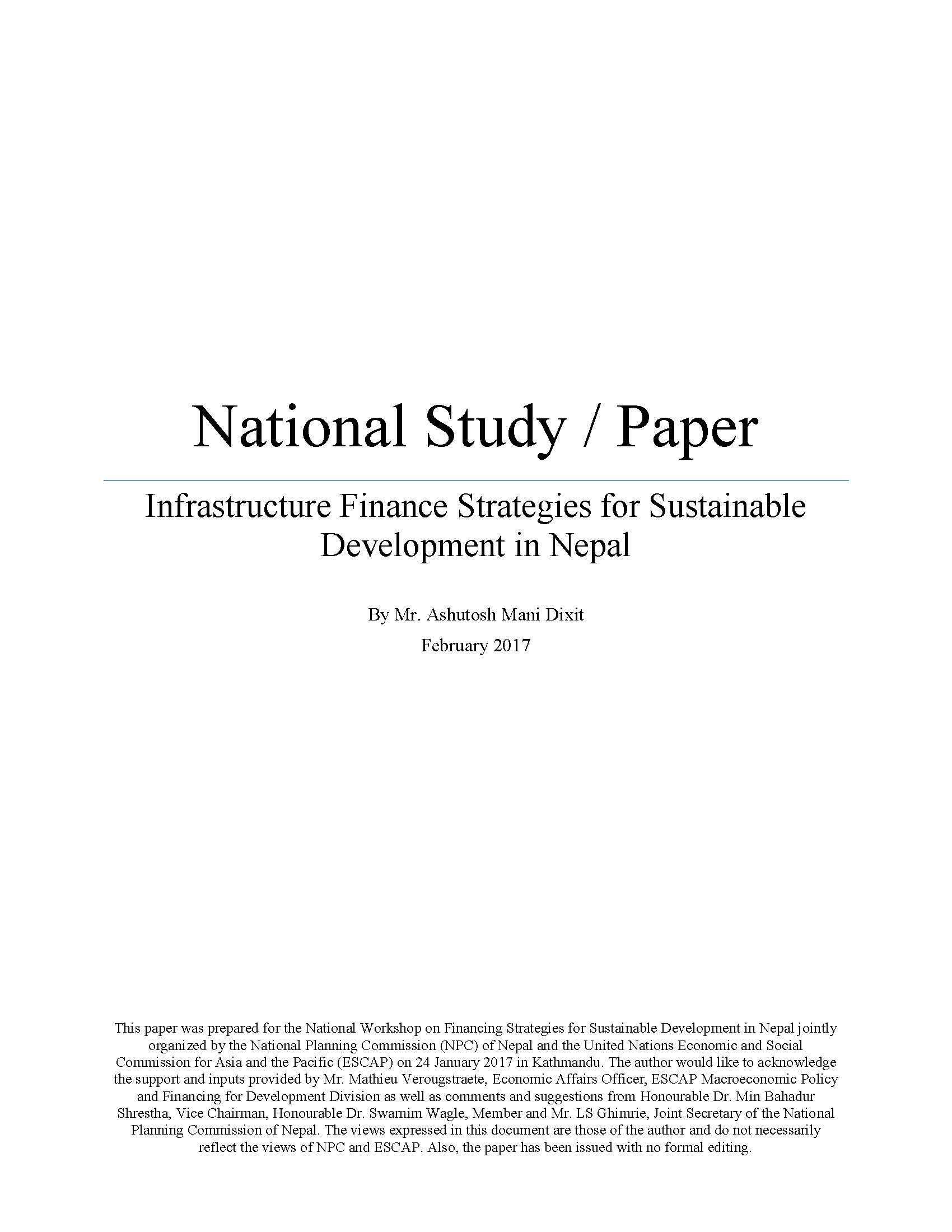 Infrastructure Finance Strategies for Sustainable Development in Nepal-National Study / Paper