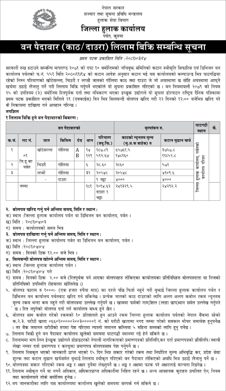 वन पैदावार लिलाम बिक्री सम्बन्धी सूचना।