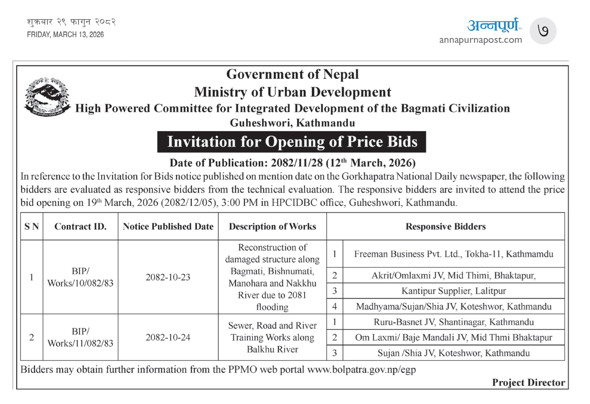 Invitation for Opening of Price Bids BIP/Works/10-11/082/83