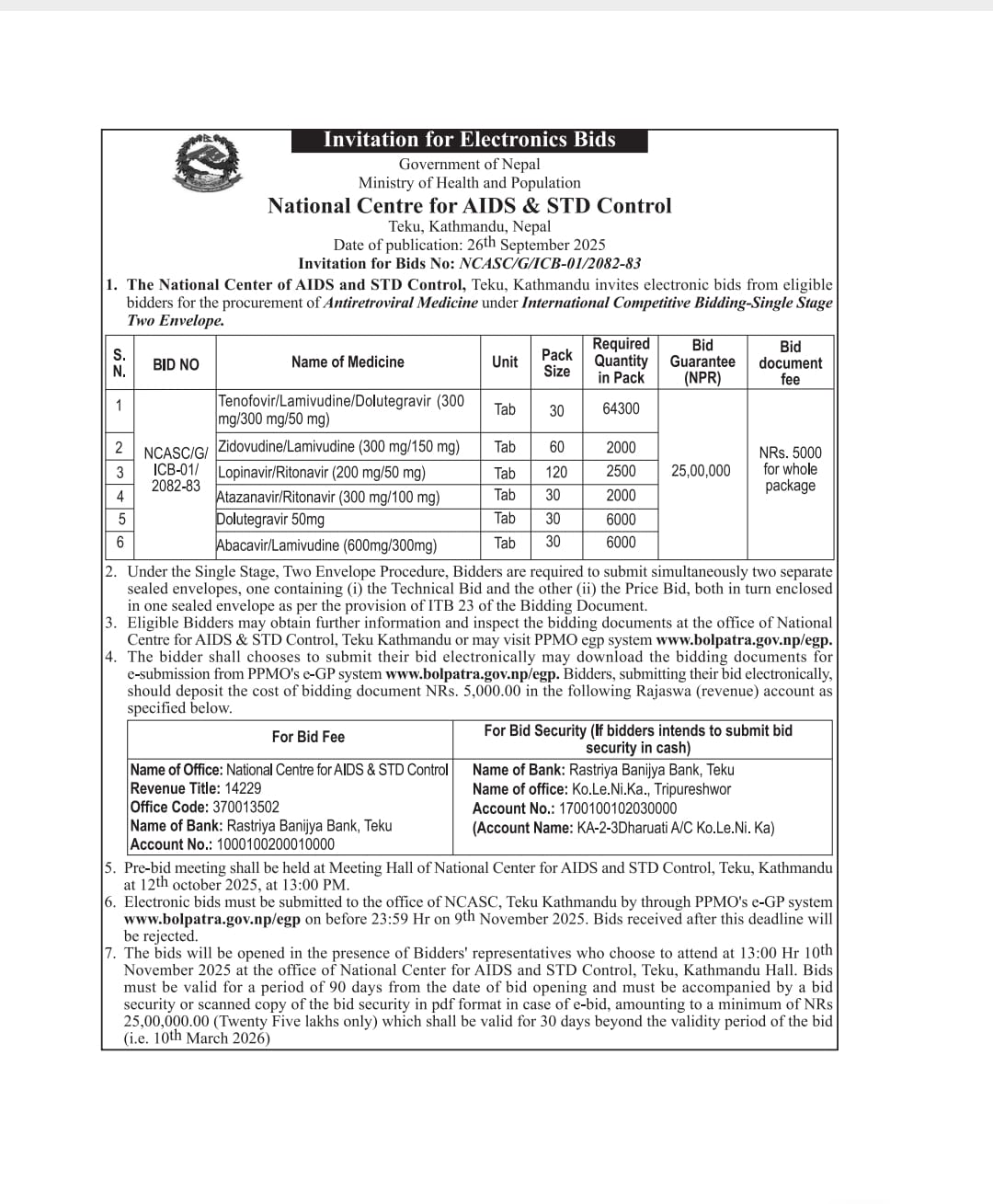 NCASC/G/ICB-01/2082-83/ Procurement of Anti-Retro Viral (ARV) Medicine (Adult)