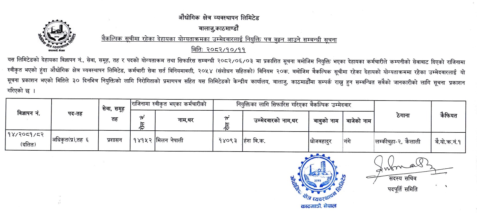 बैकल्पिक सूचीमा रहेका देहायका योग्यताक्रमका उम्मेदवारलाई नियुक्ती पत्र बुझन आउने सम्बन्धी सूचना मिति २०८२।१०।११ गते