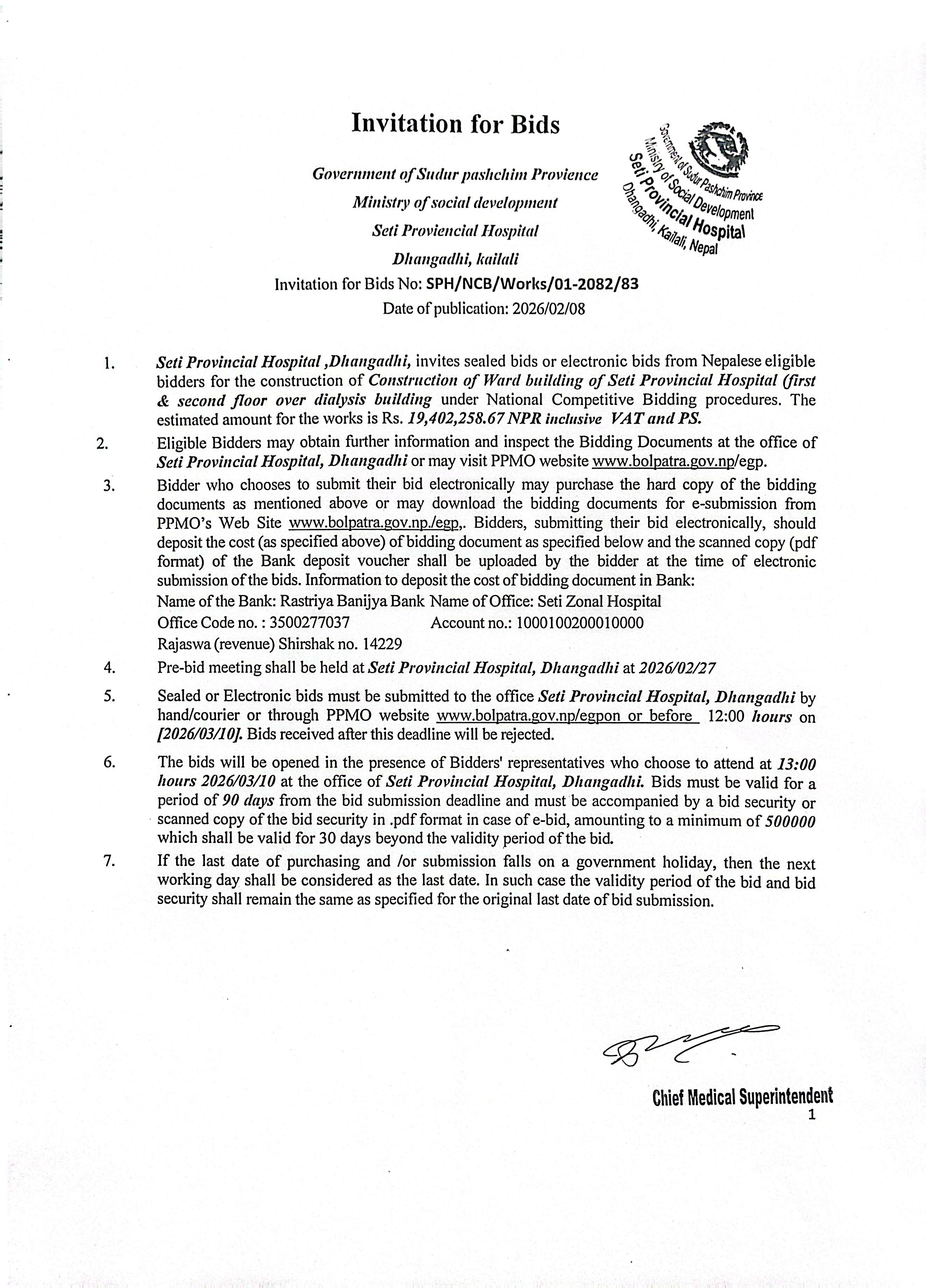 Invitation of bids for construction of ward building of seti provincial hospital (first and second floor over dialysis building)