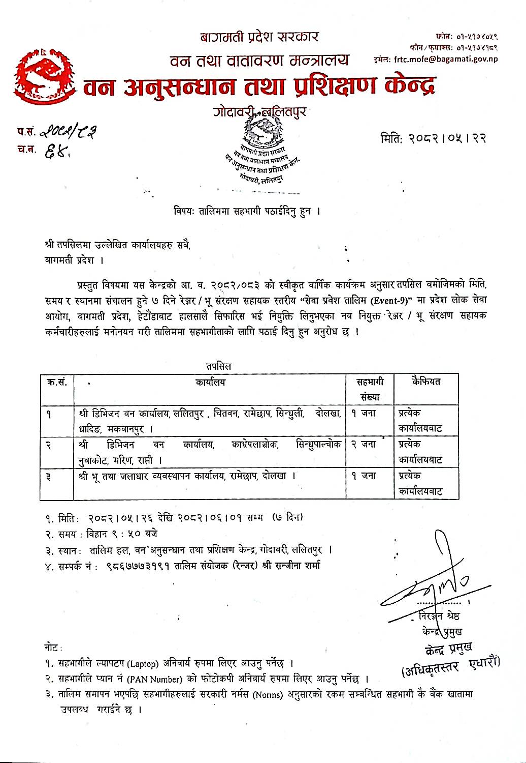 तालिममा सहभागी पठाईदिने बारे