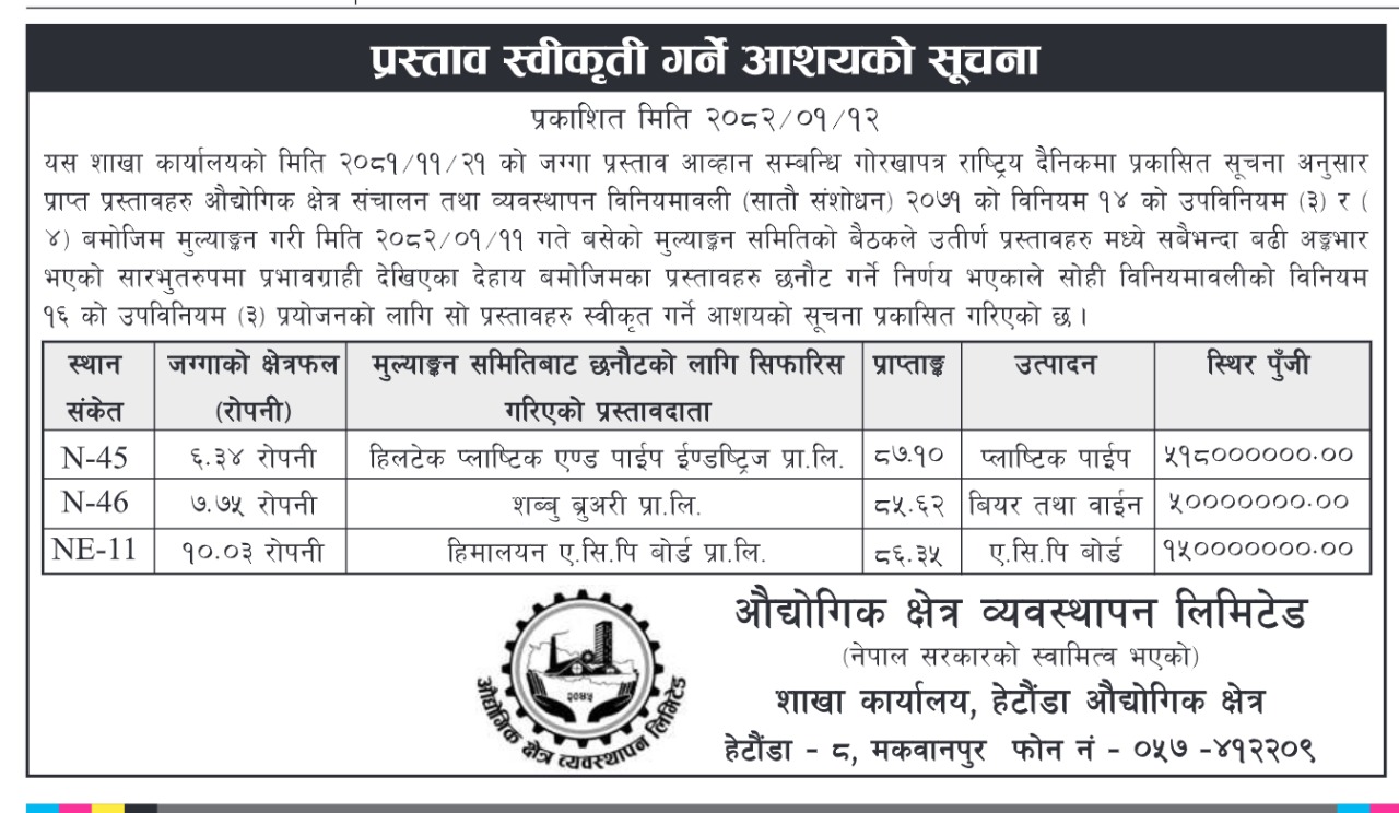 प्रस्ताव स्वीकृती गर्ने आशयको सूचना प्रकाशन मिति २०८२।०१।१२ गते