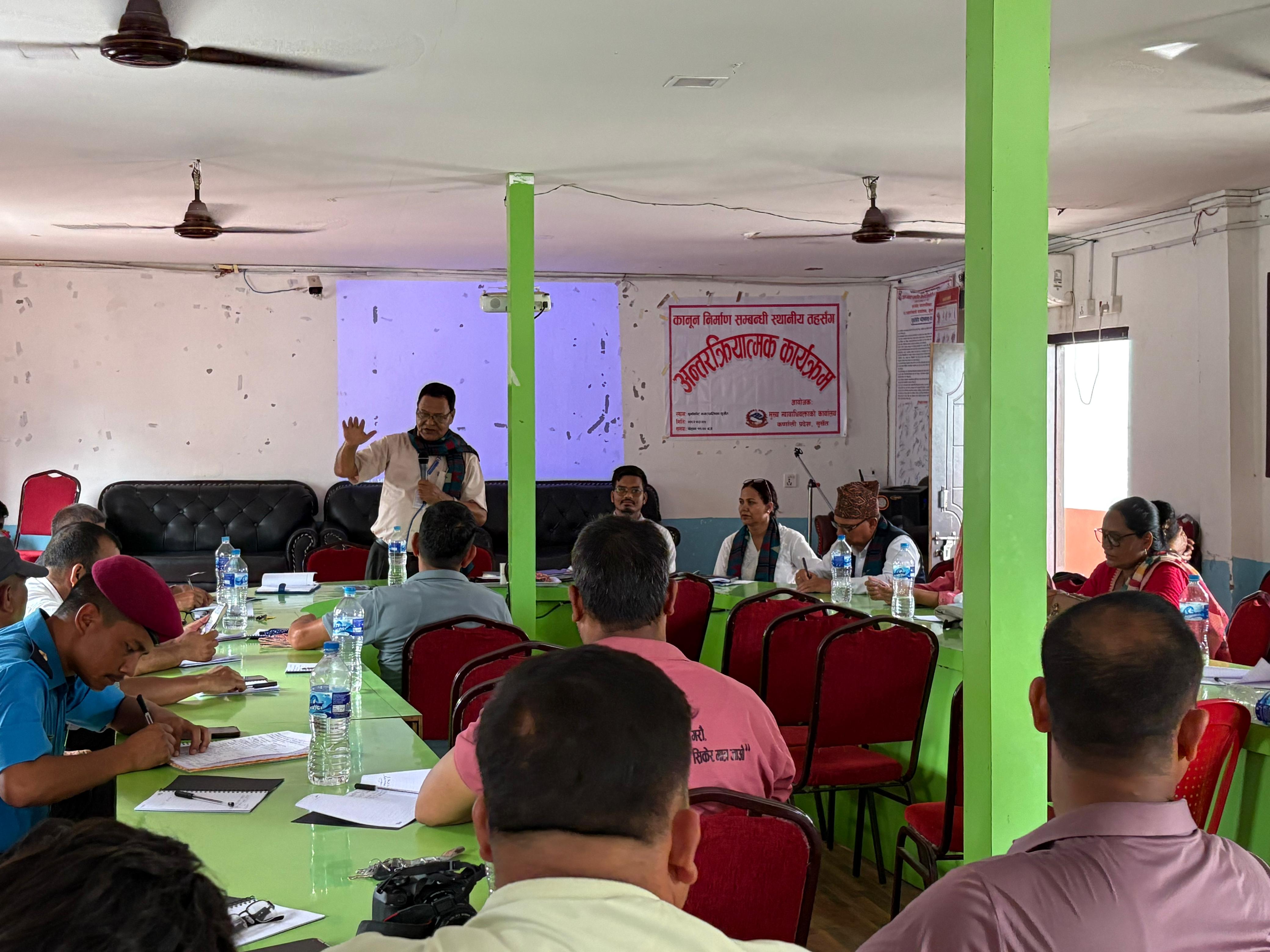 मिति २०८२।०३।०५ गते गुर्भाकोट नगरपालिका, सुर्खेतमा कानून निर्माण सम्बन्धी स्थानीय तहसँग अन्तरक्रिया सम्बन्धी कार्यक्रम सम्पन्न ।