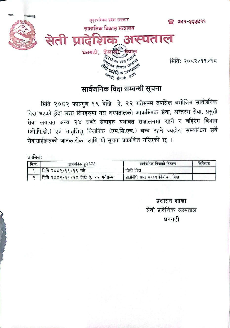 सार्वजनिक विदा सम्बन्धी सूचना