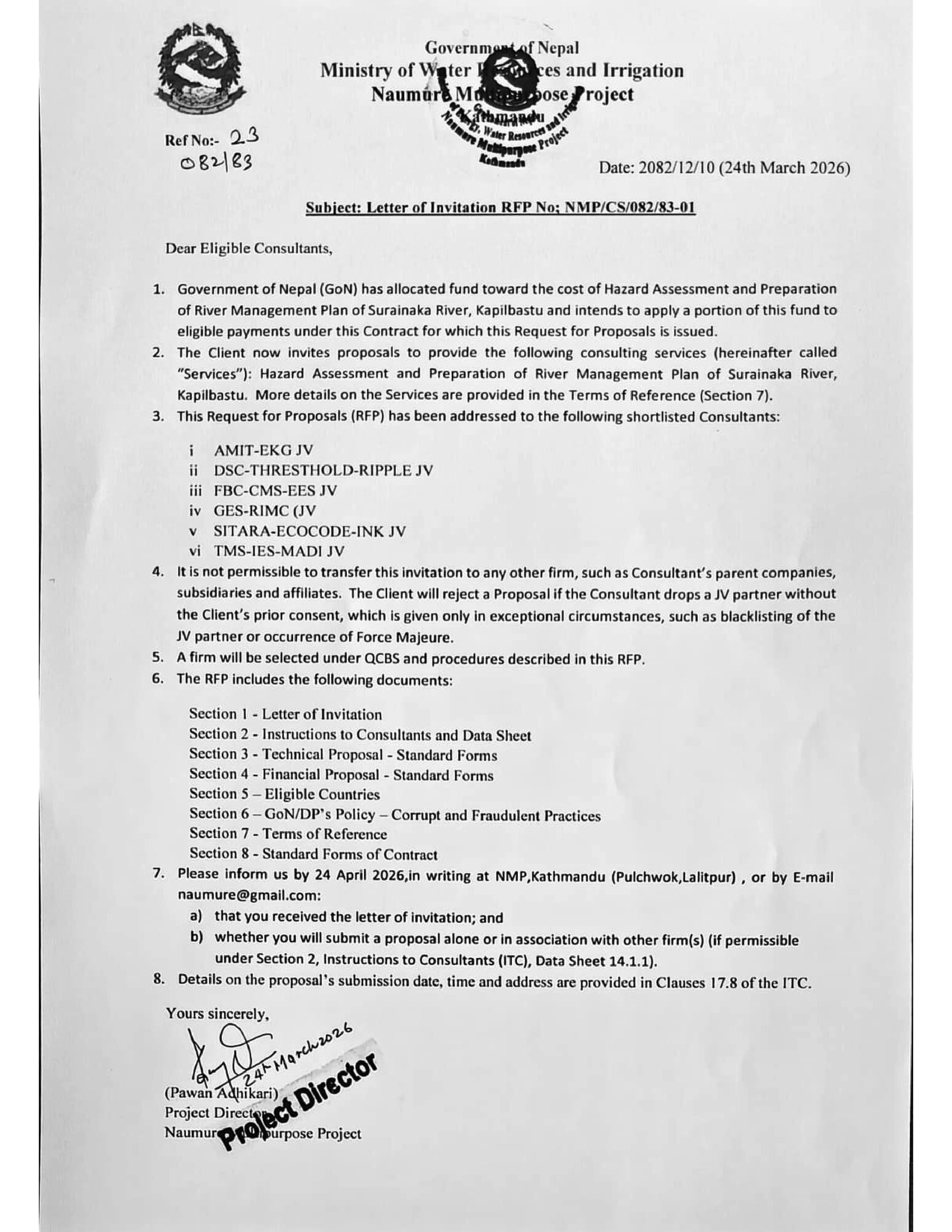 Letter of Invitation RFP No., NMP/CS/082/83-01 (Issued on: 24 March, 2026) - img