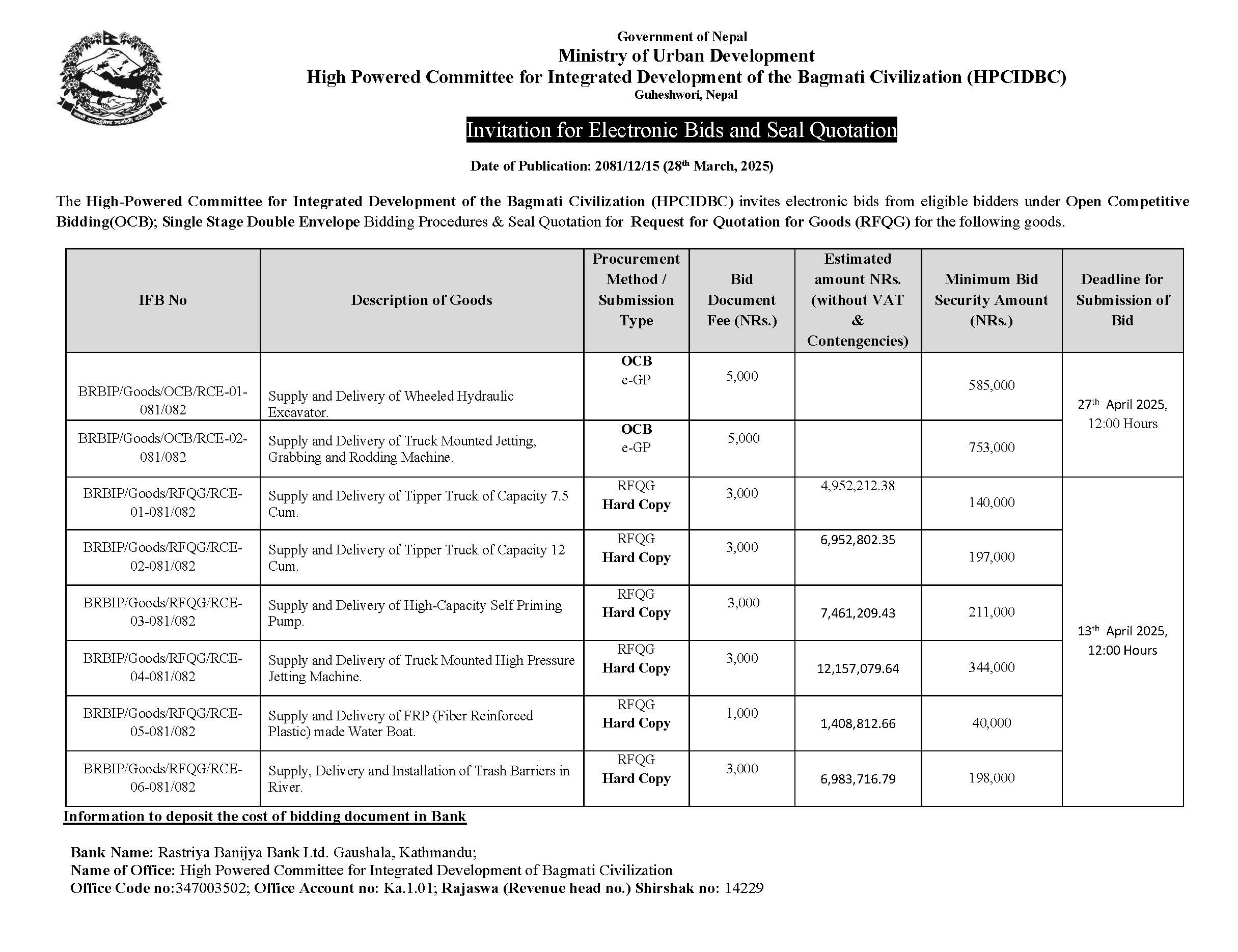 Invitation for Electronic Bids and Seal Quotations