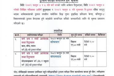 २०८२ फागुन ११ गते सोमबार र १२ गते मंगलबार संचालन हुने मोटरसाइकल, स्कुटर र कार (वर्ग A, K & B) को Trial तथा Re-Trial सम्बन्धी सूचना तथा नामावली - img