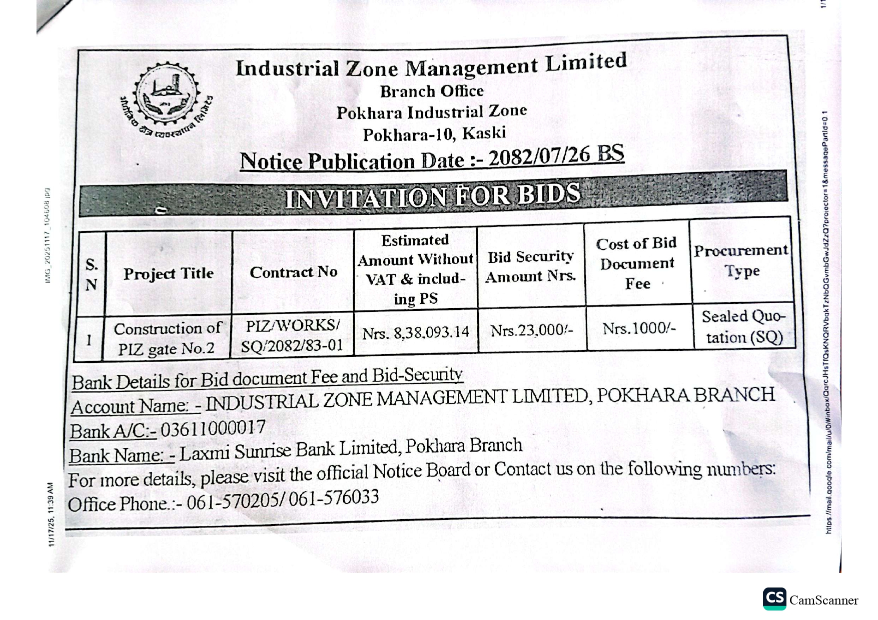 INVITATION FOR BIDS Notice Publication: 2082.07.26