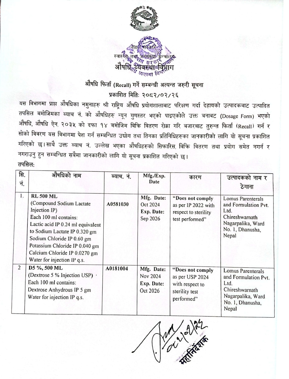औषधि फिर्ता (RECALL) गर्ने सम्बन्धि अत्यन्त जरुरी सूचना - २०८२/०२/०६