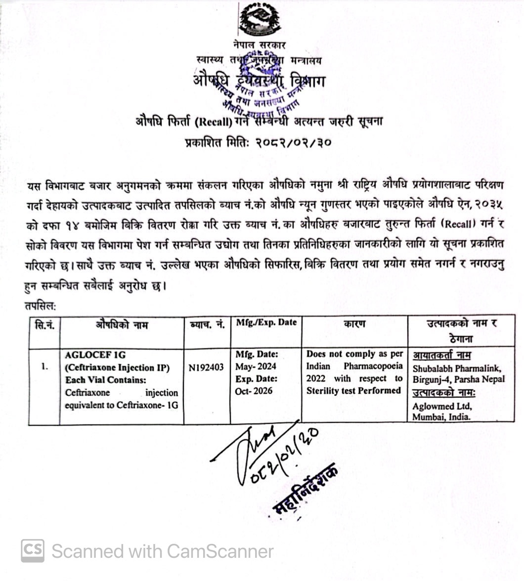 औषधि फिर्ता (RECALL) गर्ने सम्बन्धि अत्यन्त जरुरी सूचना - २०८२/०२/३०