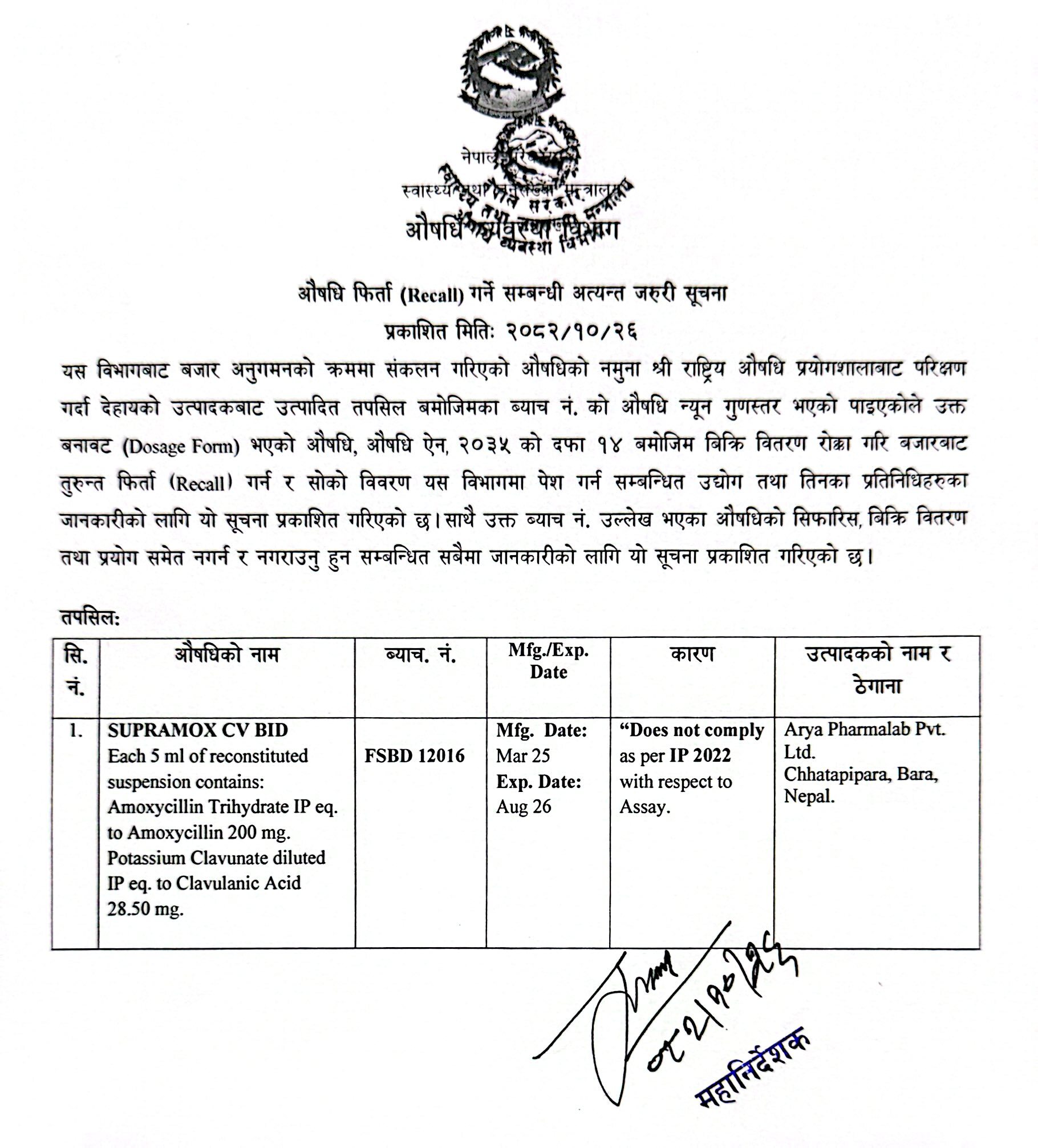 औषधि फिर्ता (RECALL) गर्ने सम्बन्धि अत्यन्त जरुरी सूचना - २०८२/१०/२६