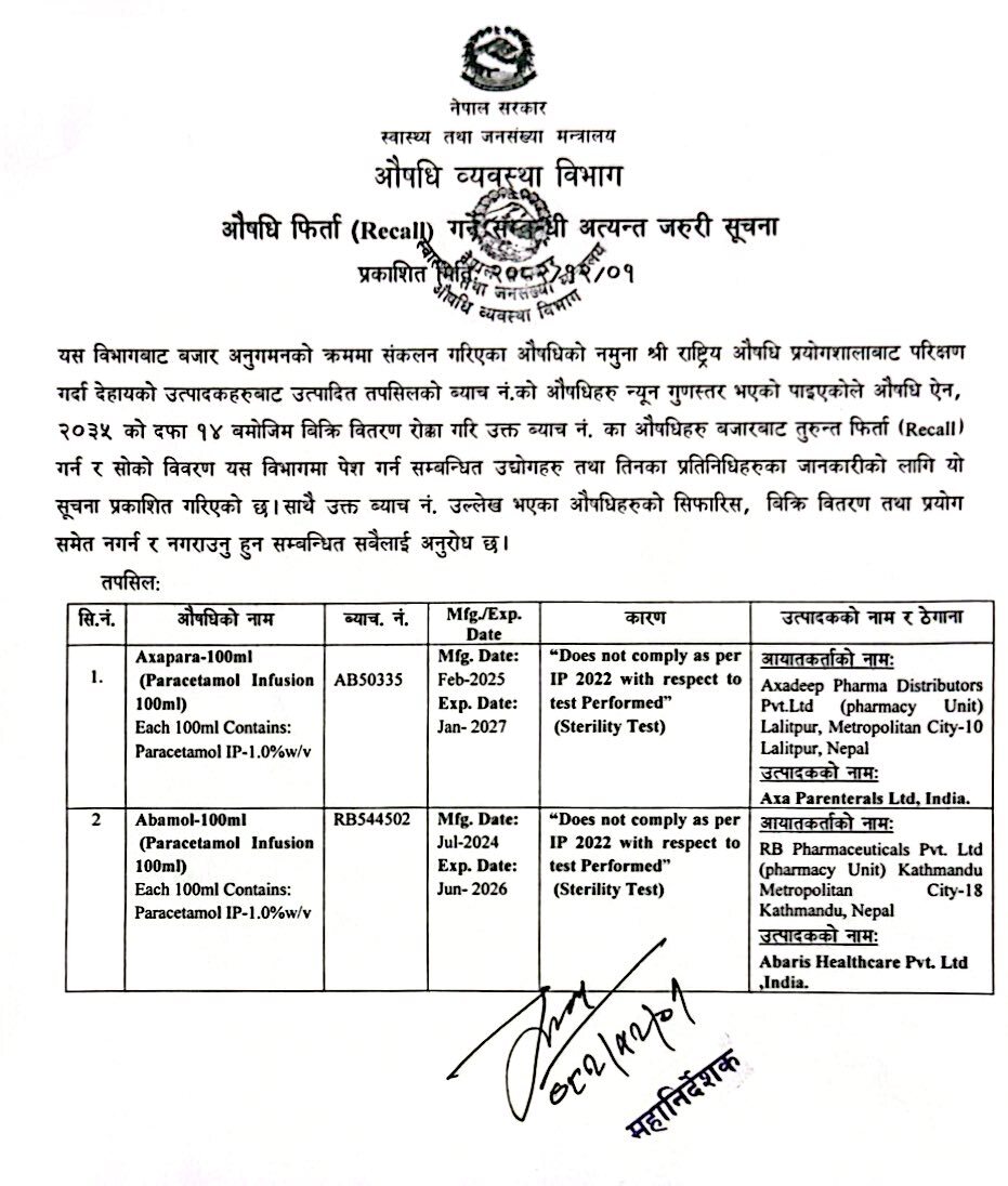 औषधि फिर्ता (RECALL) गर्ने सम्बन्धि अत्यन्त जरुरी सूचना - २०८२/१२/०१