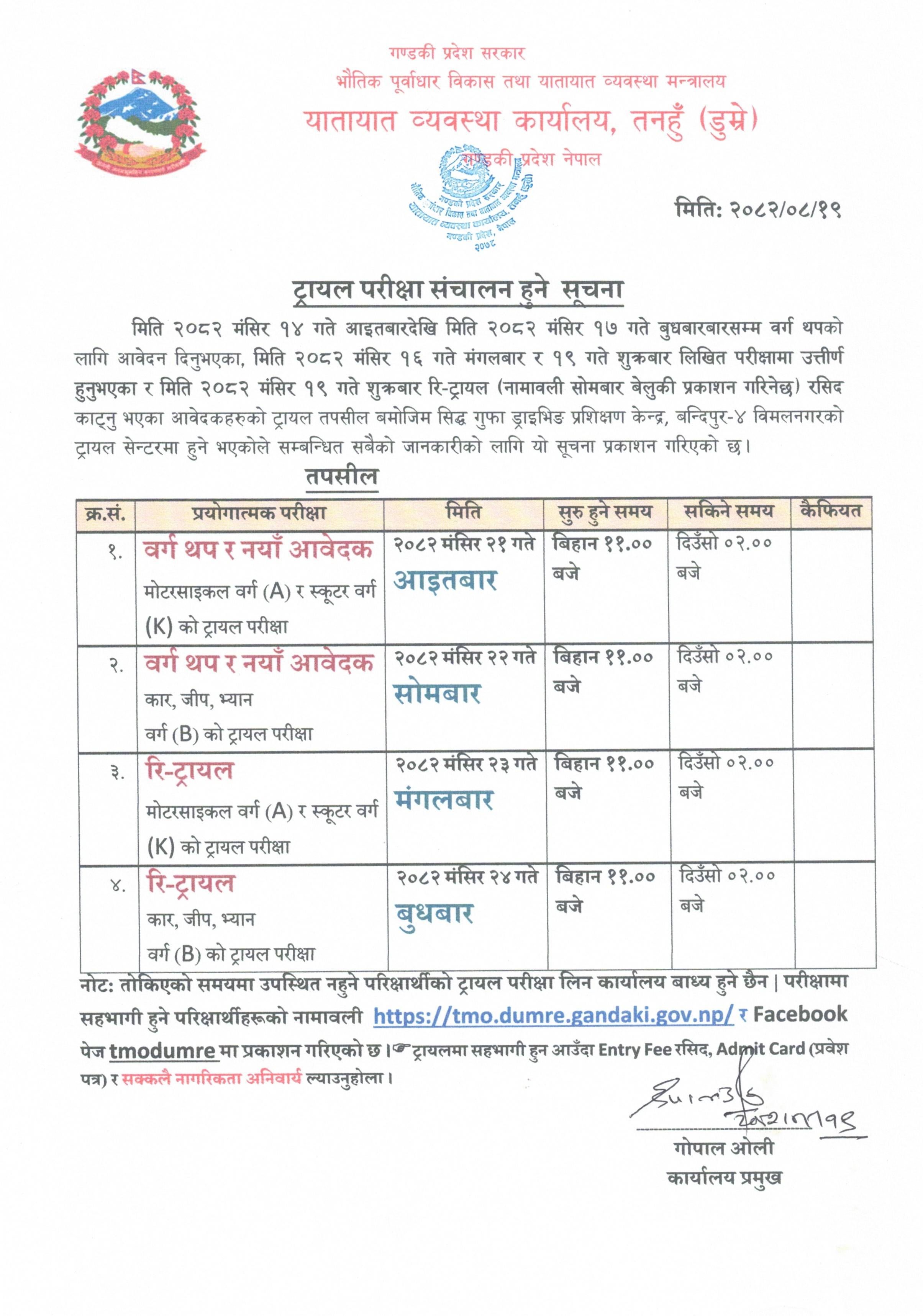 मिति २०८२/०८/२१ र २२ गते संचालन हुने वर्ग A,K र B को ट्रायल परिक्षा सम्बन्धि सूचना तथा नामावली