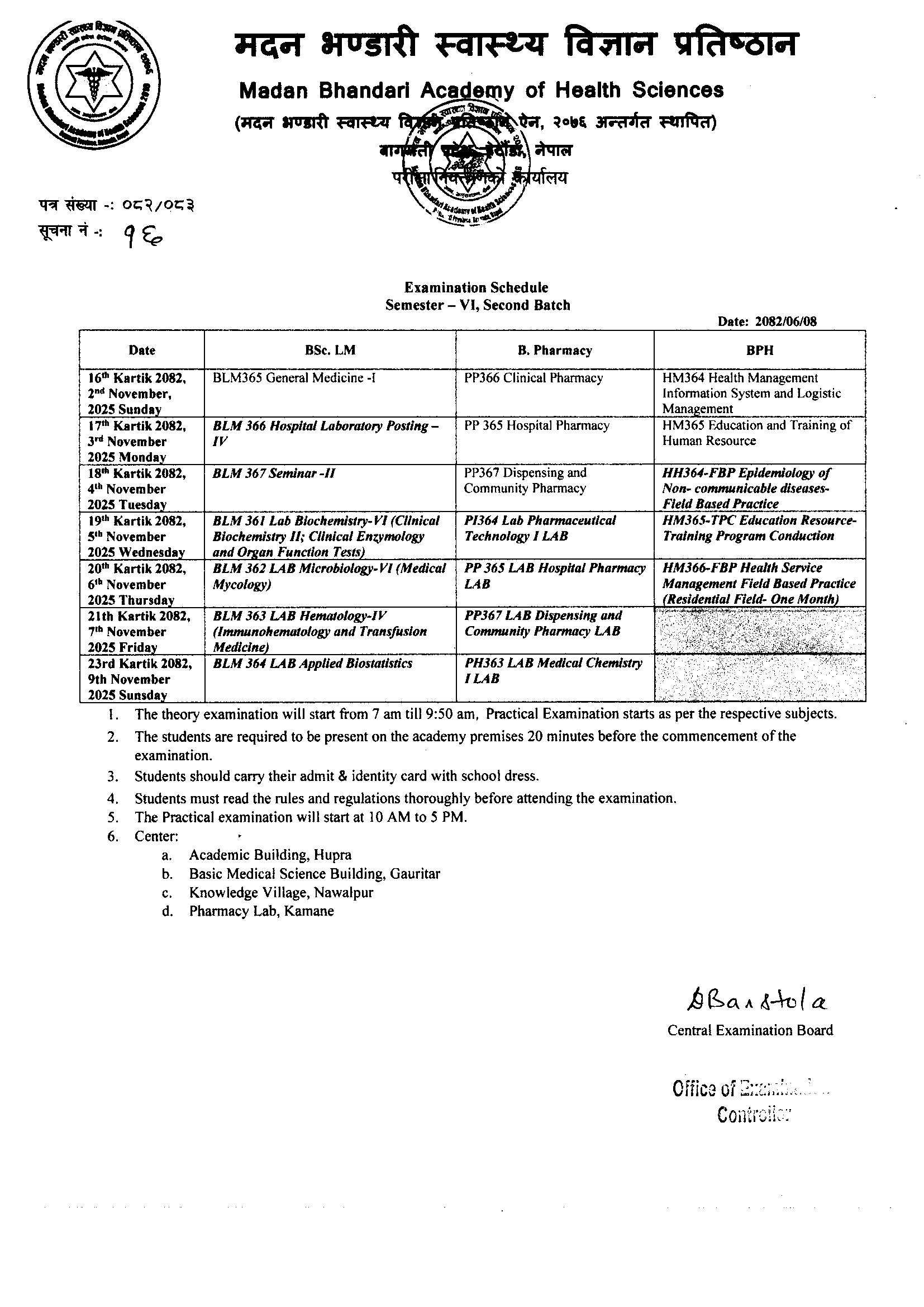 Notice No: 15- Examination Schedule VI Semester