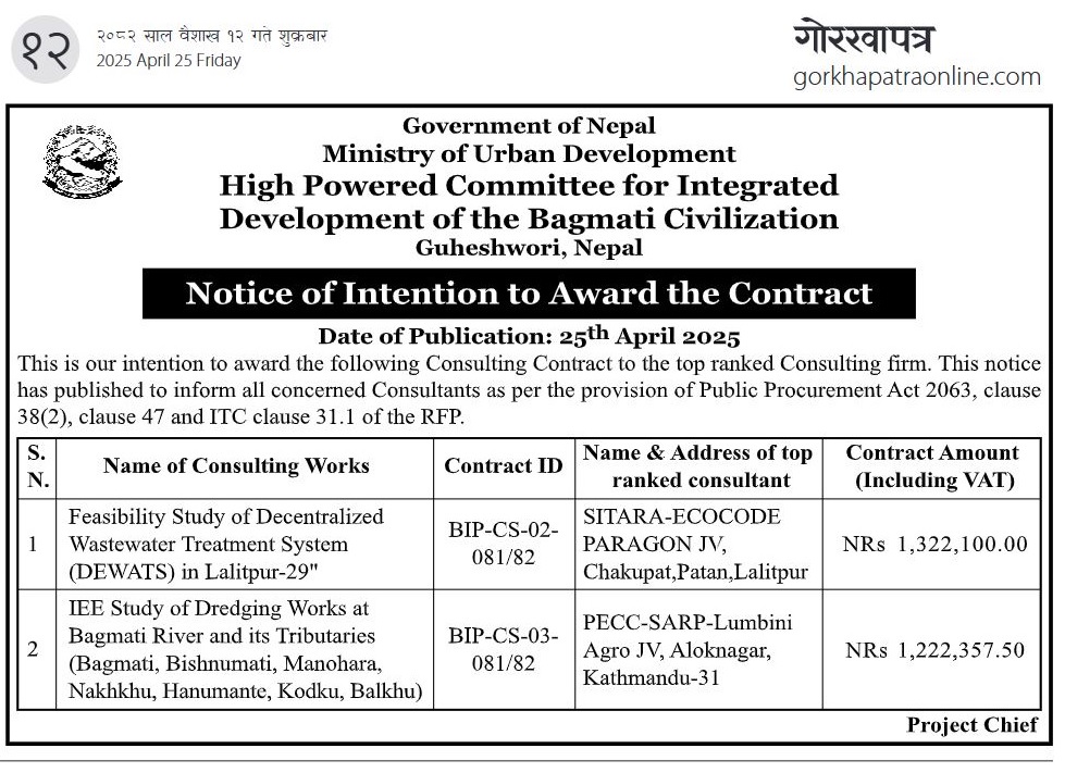 Notice of Intention to Award the Contract  BIP-CS-02-081/82, BIP-CS-03-081/82