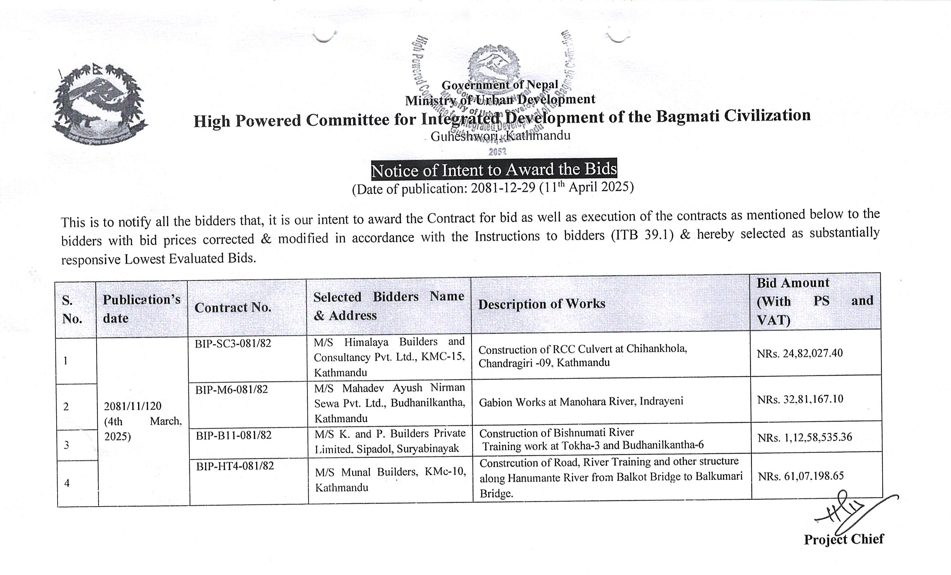 Notice of Intent to Award the Bids BIP-SC3-081/82, BIP-M6-081/82, BIP-B11-081/82, BIP-HT4-081/82