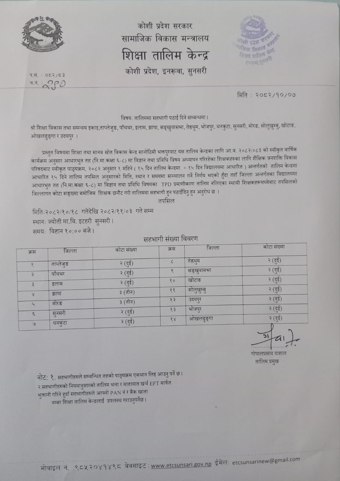 टिपिडी प्रमाणीकरण तालिममा सहभागी पठाइदिने सम्न्धमा ।