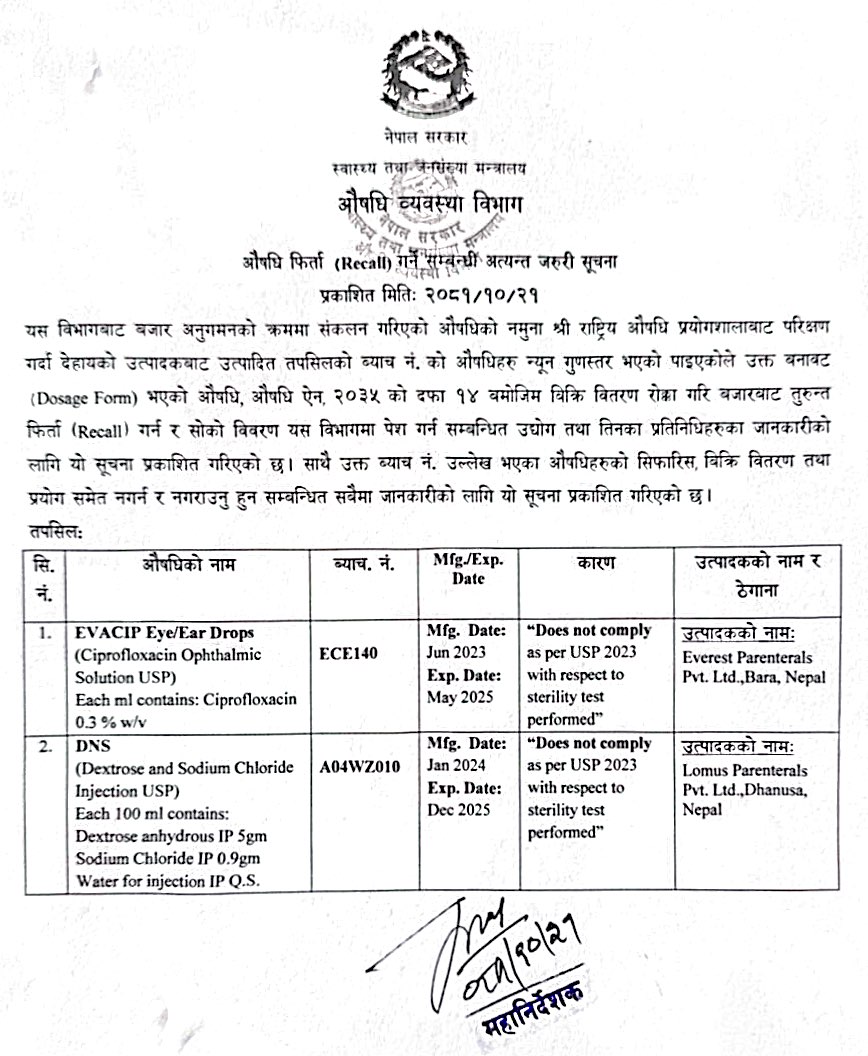 औषधि फिर्ता (RECALL) गर्ने सम्बन्धि अत्यन्त जरुरी सूचना - २०८१/१०/२१