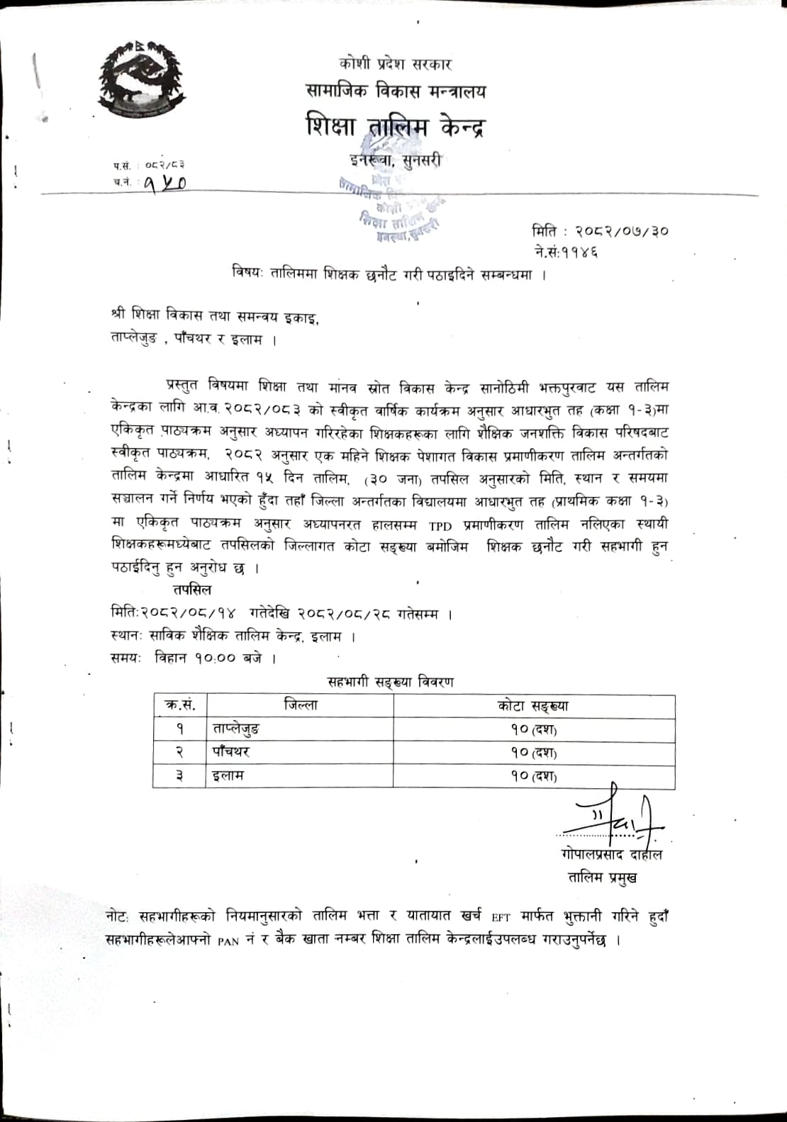 तालिममा सहभागी पठाइदिने सम्वन्धी सूचना ।