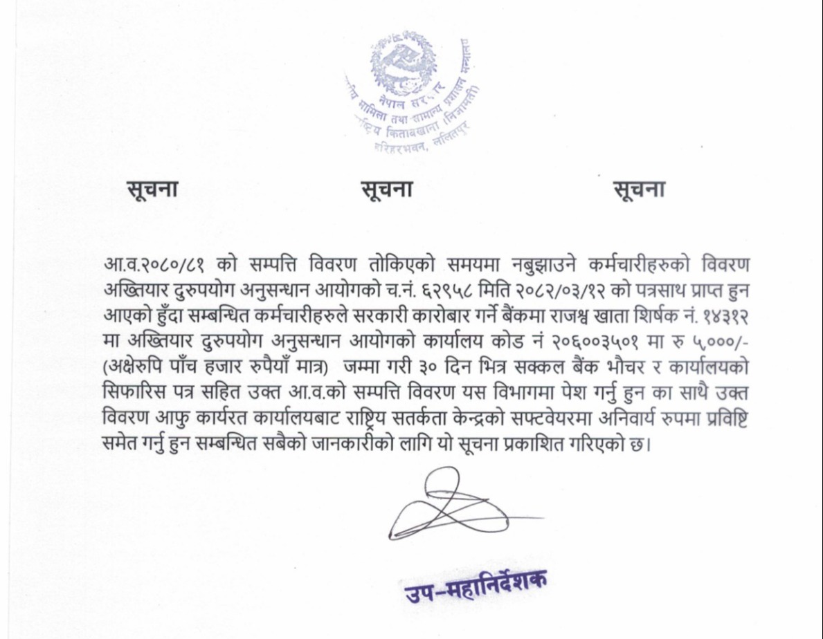 आ. व. २०८०/०८१ को सम्पत्ति विवरण तोकिएको समयमा नबुझाउने कर्मचारीहरुको विवरण प्रकाशित गरिएको सूचना।