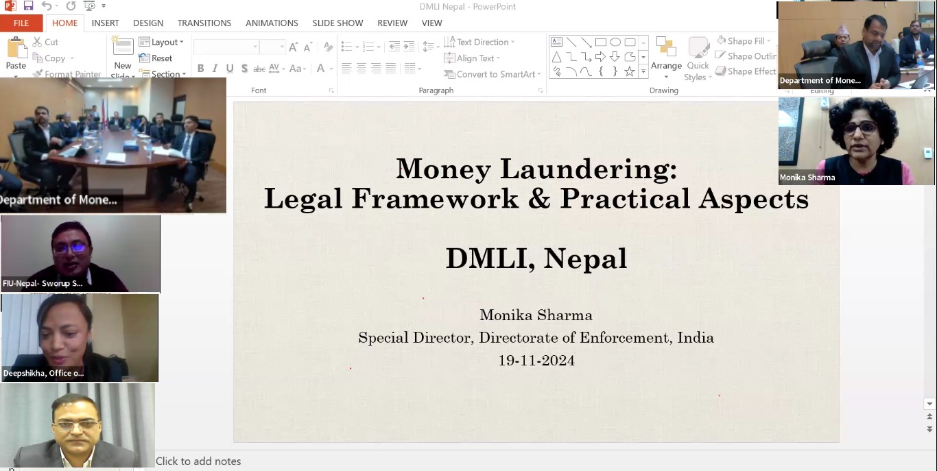 19 November 2024 मा Enforcement Directorate, India का Special Director मोनिका शर्माबाट नेपालका विभिन्न निकायका अनुसन्धान अधिकृतहरुलाई तालिम प्रधान।